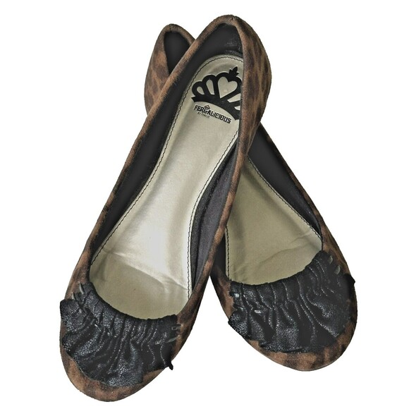 FERGALICIOUS SHOES BY FERGIE LEOPARD BALLERINAS BALLET FLAT SHOES RUFFLE 7.5M - Picture 1 of 8